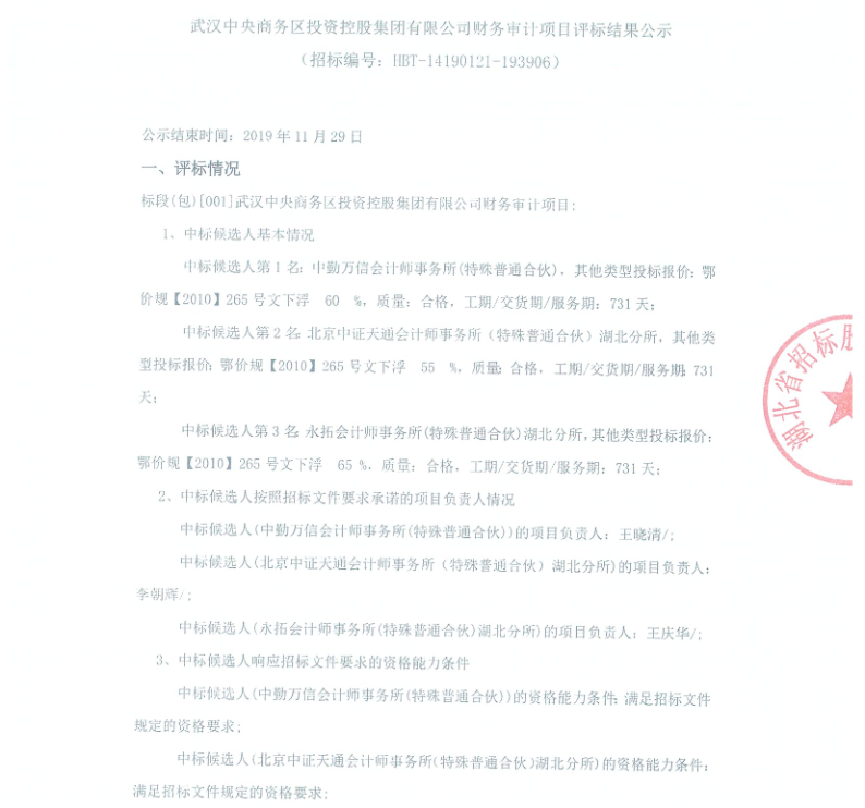 武漢中央商務區投資控股集團有限公司財務審計項目評標結果公示